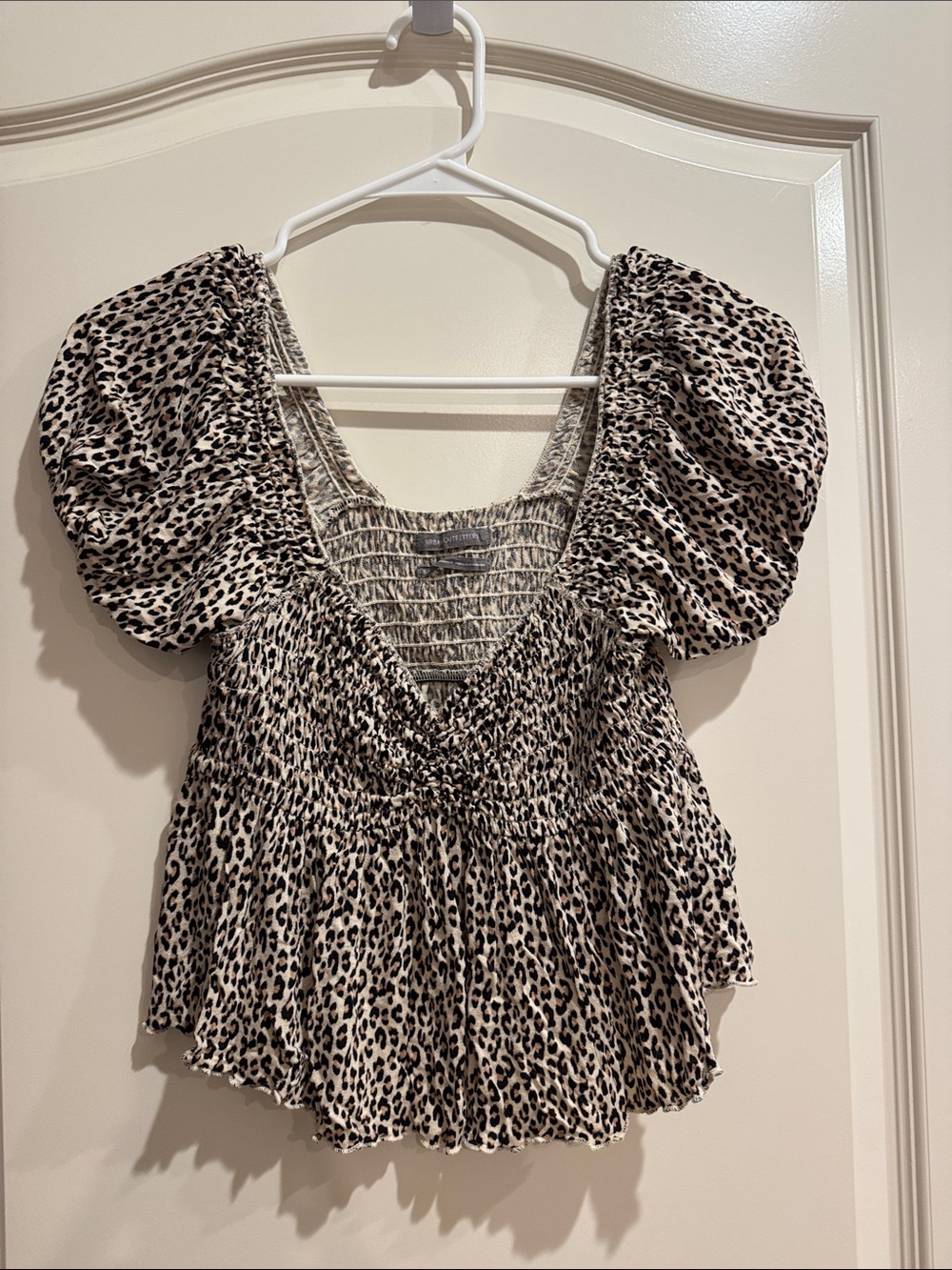 Urban Outfitters Beige and Black Leopard Puff Sleeve Smocked Top